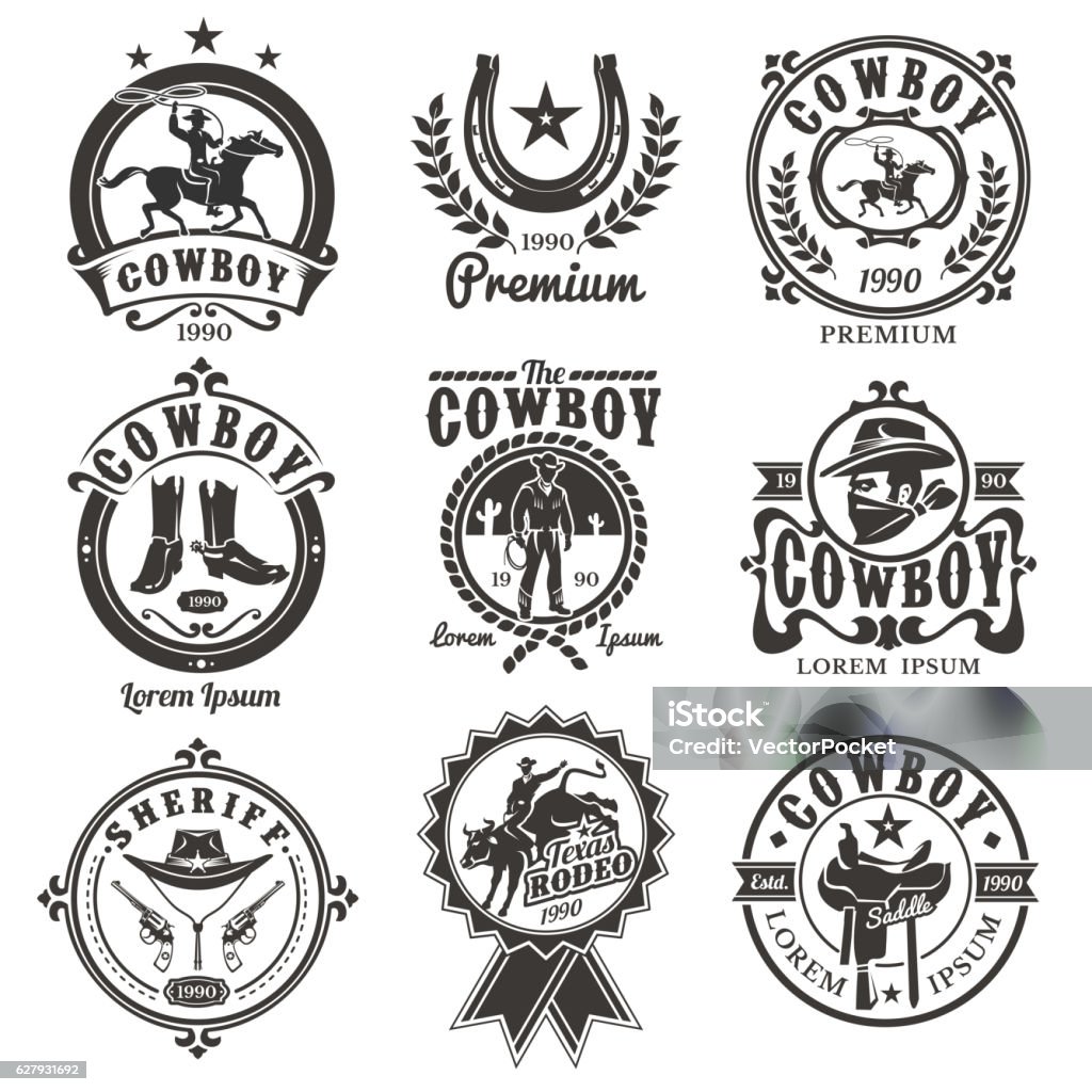 Ensemble de logos de rodéo vectoriel - clipart vectoriel de Cow-boy libre de droits