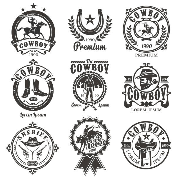 illustrazioni stock, clip art, cartoni animati e icone di tendenza di set di loghi rodeo vettoriali - cowboy horse lasso rodeo