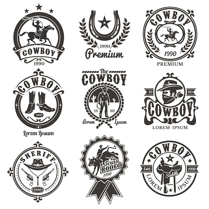 Set of vector rodeo logos, badges with cowboys silhouettes riding the bull and horse and rodeo accessory isolated on white