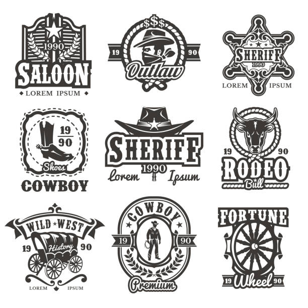 벡터 와일드 웨스트 로고 세트 - cowboy sheriff cowboy hat wild west stock illustrations