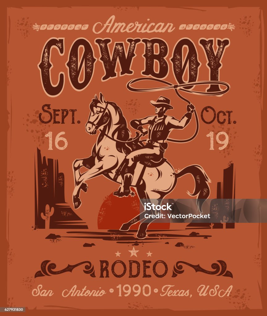 Cartel de rodeo con un vaquero sentado en la cría de caballos en - arte vectorial de Vaquero libre de derechos