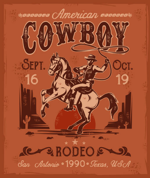 rodeo poster with a cowboy sitting on  rearing horse in - teksas illüstrasyonlar stock illustrations