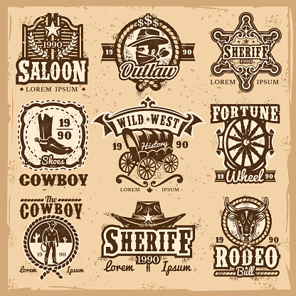 Set of vector wild west logos, badges with cowboy and attributes of the wild west isolated on white