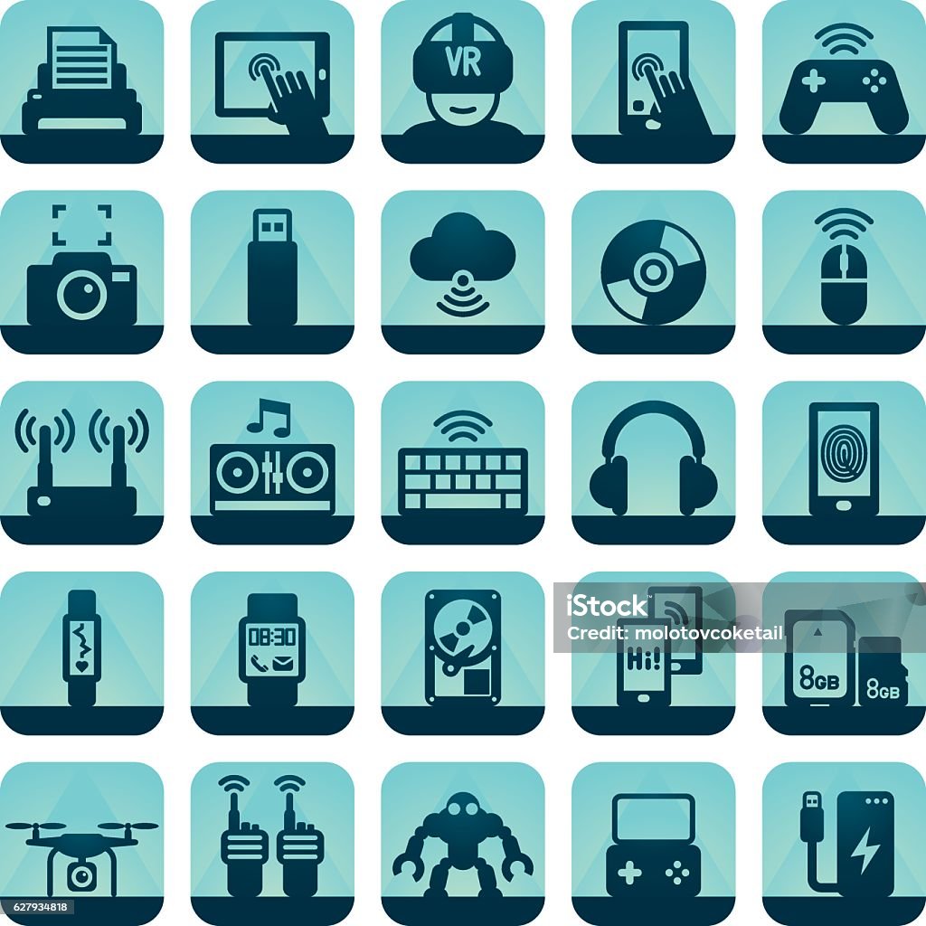 cool gadget icons A set of 25 silhouette technology related icon set. Icons are grouped individually. Drone stock vector