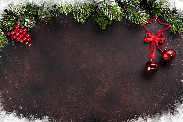 istock Christmas background with snow fir tree and decor 627940350