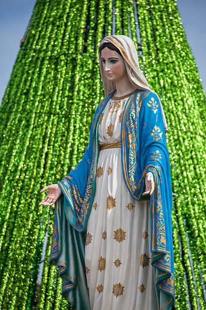 istock Virgin Mary Statue with Christmas Tree Background. 627941130