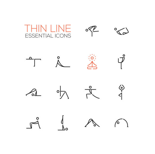 요가 포즈 - 얇은 단일 선 아이콘 세트 - meditating practicing yoga body stock illustrations