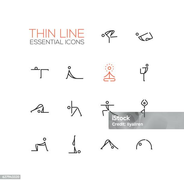 Yoga Poses Thin Single Line Icons Set Stock Illustration - Download Image Now - Yoga, Icon Symbol, Pilates
