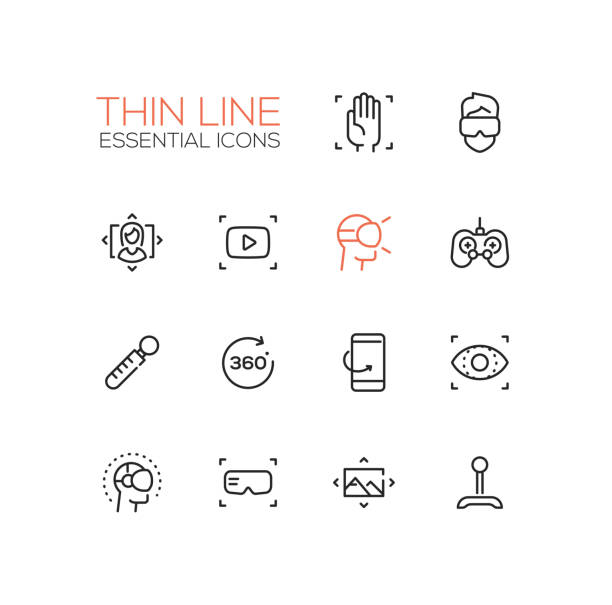 virtuelle realität - dünne single line icons set - wireless technology three dimensional shape people men stock-grafiken, -clipart, -cartoons und -symbole