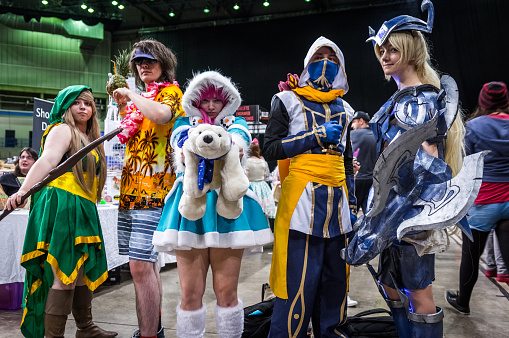 Sheffield, United Kingdom - June 12, 2016: Group of teenage cosplayers pose at the Yorkshire Cosplay Convention at Sheffield Arena