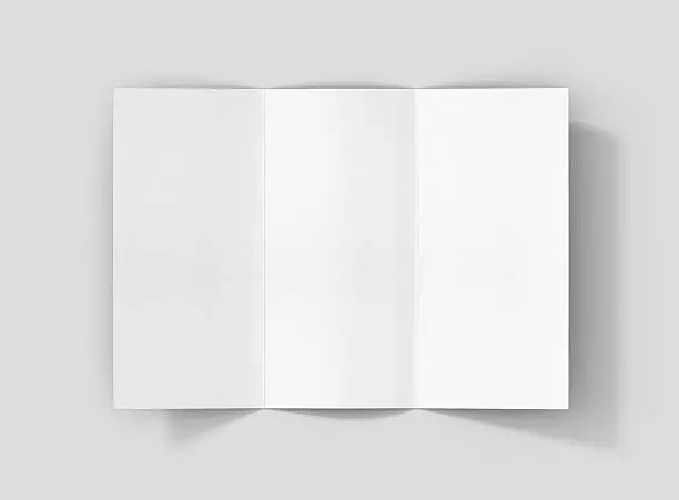 Photorealistic Trifold Brochure Mockup on light grey background. 3D illustration. High Resolution Texture. Mockup template ready for your design.