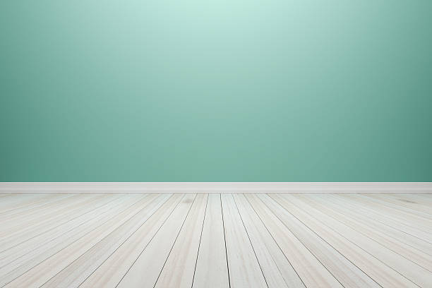 istock Empty interior light green room with wooden floor, 627950640