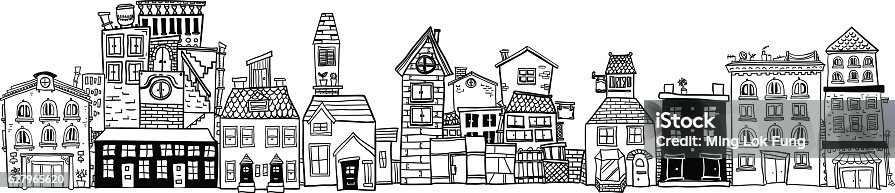istock Small Town illustraion in black and white 627965620
