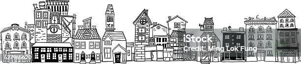 Small Town Illustraion In Black And White Stock Illustration - Download Image Now - City, House, Doodle