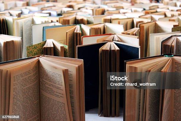 Viele Alte Bücher In Einer Reihe Stockfoto und mehr Bilder von Literatur - Literatur, Bibliothek, Fotografie