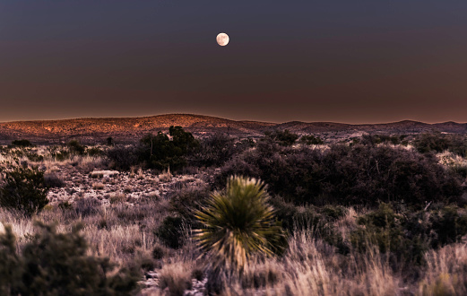 Full moon rising over the desert landscape near Carlsbad New Mexico.
