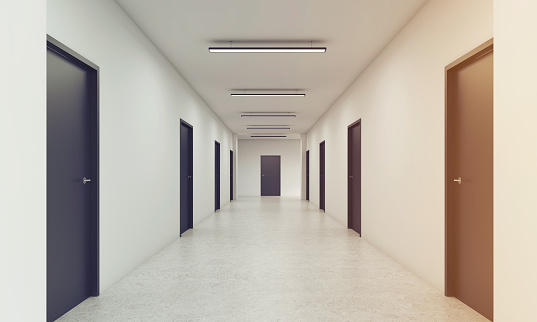 Long corridor with rows of closed doors. Concept of infinite opportunities for success and toughness of choice. 3d rendering. Toned image