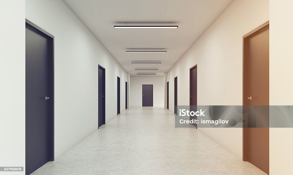 Long corridor with closed black doors, toned Long corridor with rows of closed doors. Concept of infinite opportunities for success and toughness of choice. 3d rendering. Toned image Corridor Stock Photo