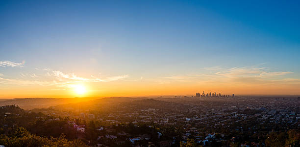 THE Panorama Taken from Griffith Observatory, this stunning sunrise panorama is comprised of 8 images. griffith park photos stock pictures, royalty-free photos & images