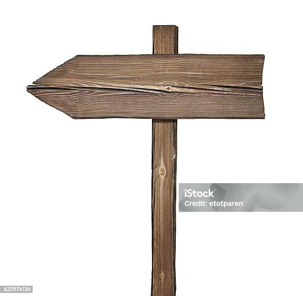 Wooden Direction Sign Isolated On White Stock Photo - Download Image Now - Wood - Material, Arrow Symbol, Sign