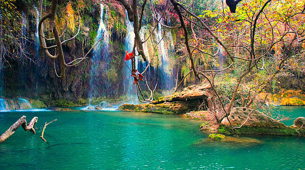 Kursunlu Waterfall. Antalya, Turkey Scenic views of the tourist route: the Kursunlu Waterfall, near the Turkish resort of Antalya. Photos taken during tours of the Mediterranean kursunlu waterfall stock pictures, royalty-free photos & images