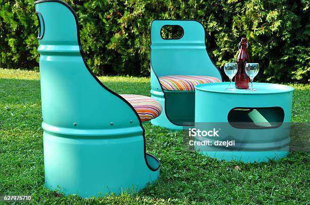 Oil Drum Furniture Stock Photo - Download Image Now - Recycling, Furniture, Metal