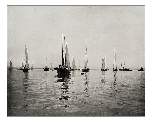 Antique photograph of New York Bay Sailing ships Antique photograph of New York Bay Sailing ships monochrome photos stock illustrations