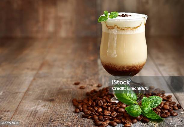 Iced Mint Latte In A Glass Stock Photo - Download Image Now - Cappuccino, Chocolate, Coffee Frappe