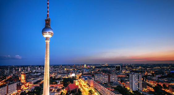 berlin cityscape with television tower and cathedral under blue sky