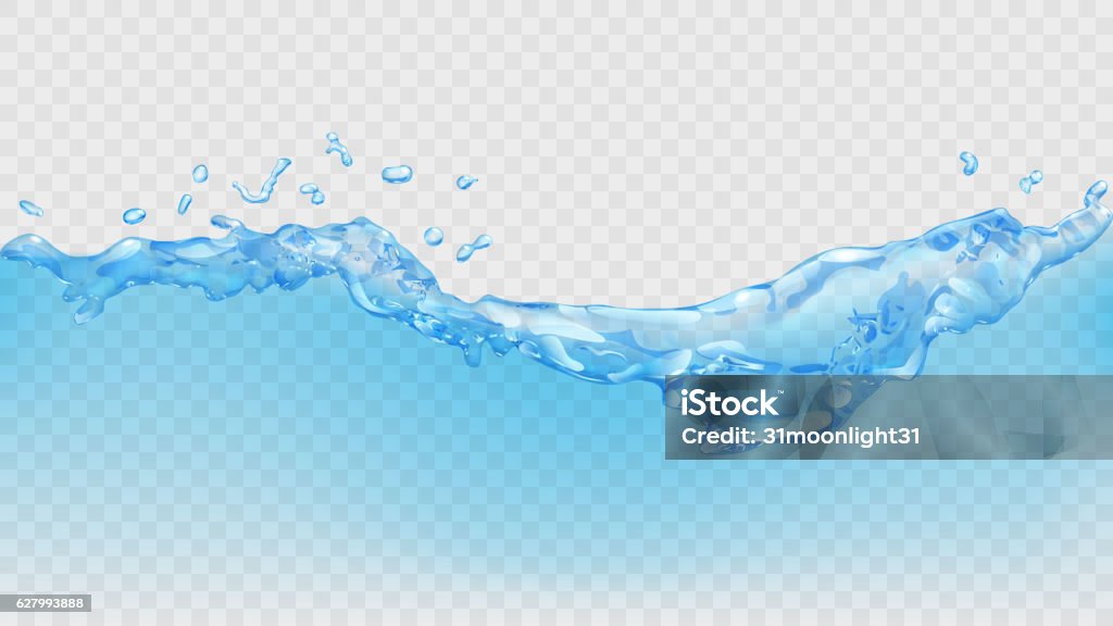 Transparent water wave Transparent water wave with splashes and drops in light blue colors, isolated on transparent background. Transparency only in vector file. Vector illustrations. EPS10 and JPG are available Water stock vector