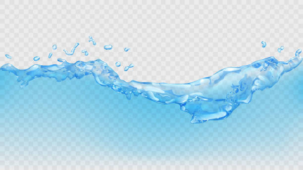 Transparent water wave Transparent water wave with splashes and drops in light blue colors, isolated on transparent background. Transparency only in vector file. Vector illustrations. EPS10 and JPG are available flowing water stock illustrations