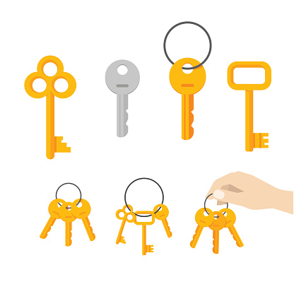 Keys vector set isolated on white background, flat cartoon style icon modern and classic retro door keys bunch hanging on ring, hand holding keychain