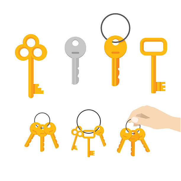 Keys bunch vector, key hanging on ring, hand holding keychain Keys vector set isolated on white background, flat cartoon style icon modern and classic retro door keys bunch hanging on ring, hand holding keychain key illustrations stock illustrations