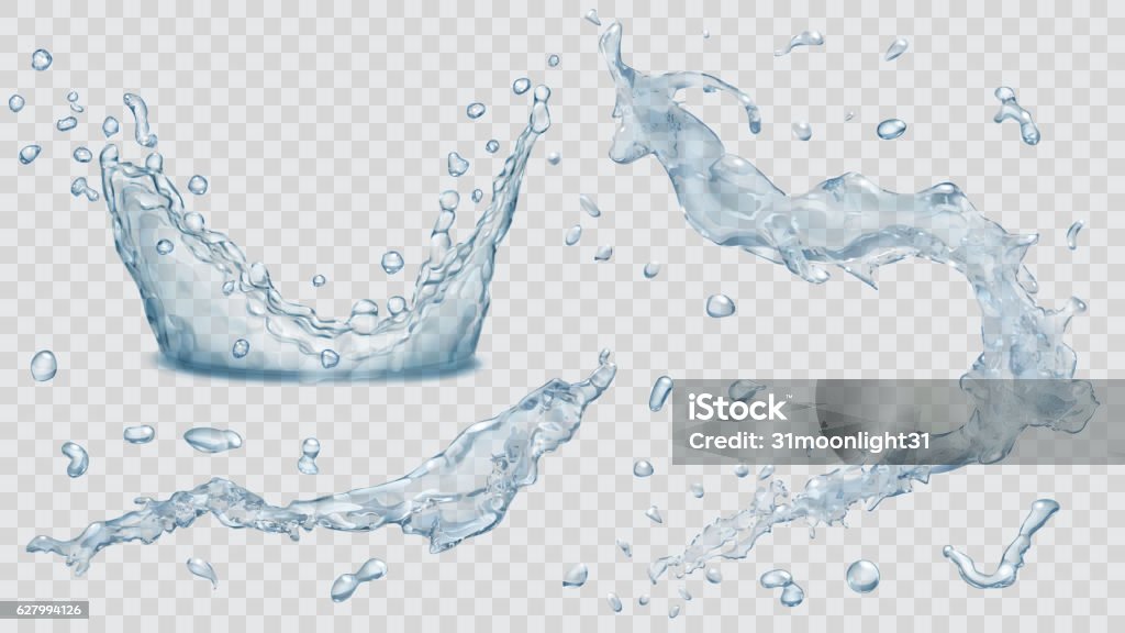 Water splashes, water drops and crown from splash of water Set of transparent water splashes, water drops and crown from falling into the water in light blue colors, isolated on transparent background. Transparency only in vector file. Vector illustrations. EPS10 and JPG are available Water stock vector