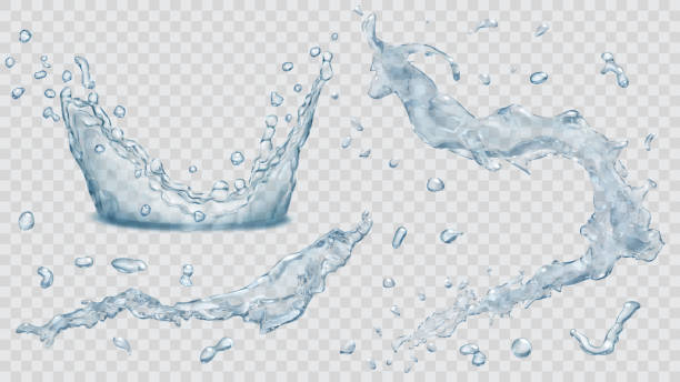 Water splashes, water drops and crown from splash of water Set of transparent water splashes, water drops and crown from falling into the water in light blue colors, isolated on transparent background. Transparency only in vector file. Vector illustrations. EPS10 and JPG are available splashing stock illustrations