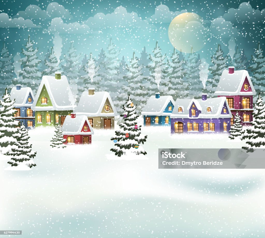 Christmas winter village Village winter landscape with snow covered houses and  christmas tree with decorations Christmas stock vector