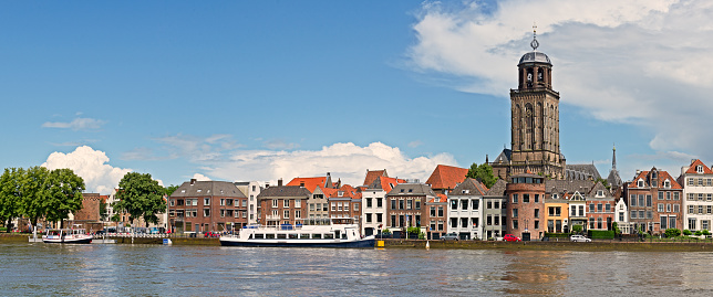 Panoramic view of the medieval Dutch city Deventer with the Great Church of Lebuinesker alongside the IJssel river