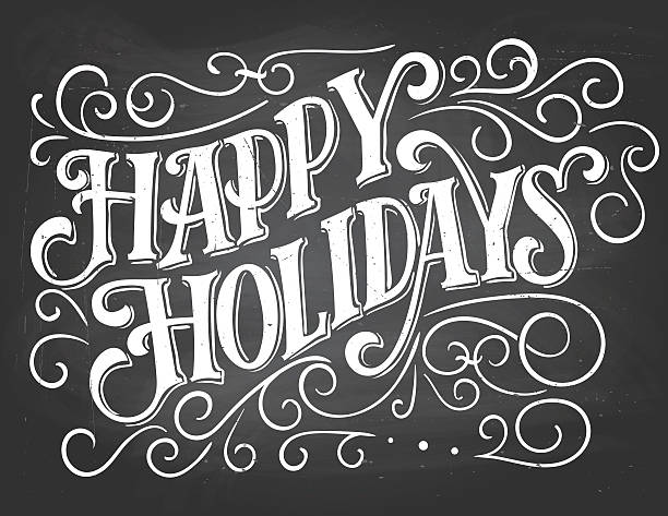 Happy holidays hand-lettering on chalkboard background Happy holidays. Vintage hand lettering on blackboard background with chalk. Christmas typography christmas human hand christmas ornament decoration stock illustrations