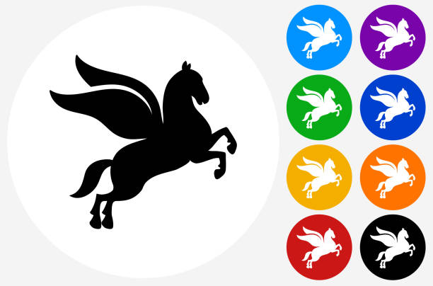ikona pegasusa na płaskich przyciskach koła - pegasus horse symbol mythology stock illustrations
