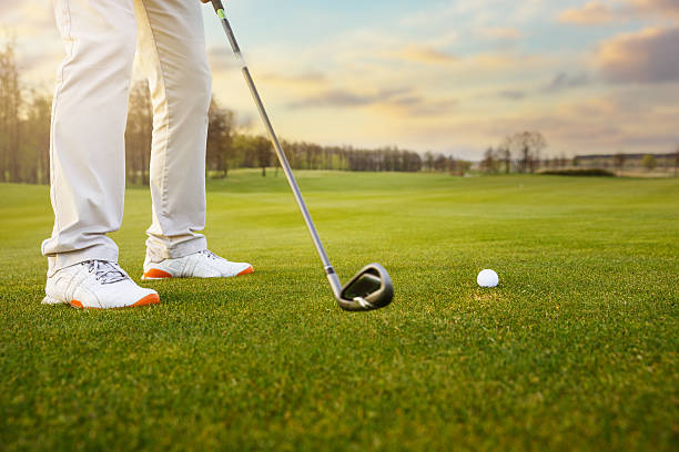 Golf club and ball in grass stock photo