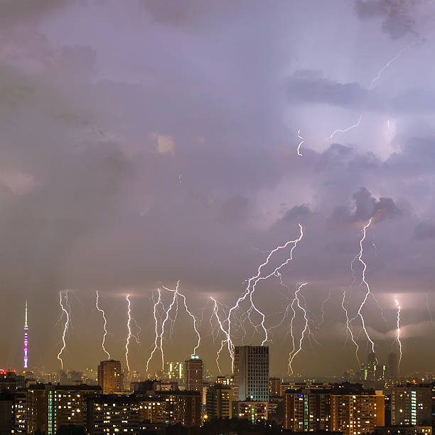 istock Beautiful lightning strike over big city. 628004994