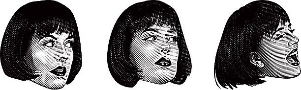 ilustrações de stock, clip art, desenhos animados e ícones de close up of woman's head making expressions - white background distraught worried close up
