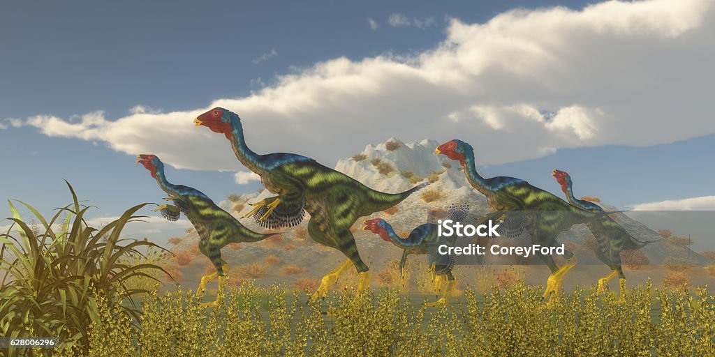 Caudipteryx Dinosaur Flock Caudipteryx was a dinosaur reptile bird that lived in China in the Cretaceous Period. Oviraptor Stock Photo