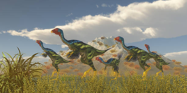 Caudipteryx Dinosaur Flock Caudipteryx was a dinosaur reptile bird that lived in China in the Cretaceous Period. cretaceous photos stock pictures, royalty-free photos & images
