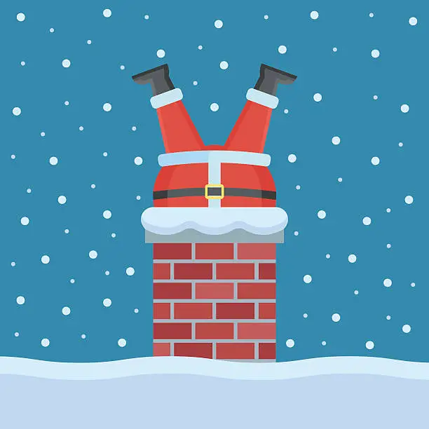 Vector illustration of Santa Claus stuck in the chimney on the roof