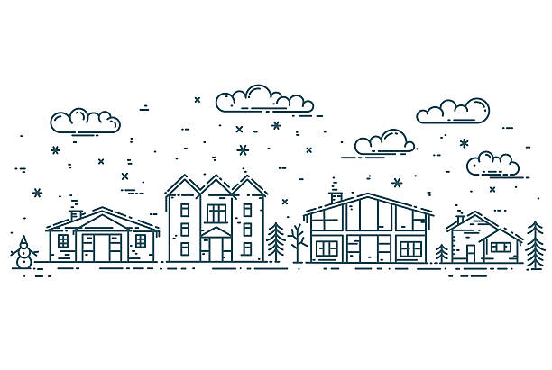 ilustraciones, imágenes clip art, dibujos animados e iconos de stock de paisaje urbano de invierno. ilustración vectorial con casas, nubes y nieve - winter scape