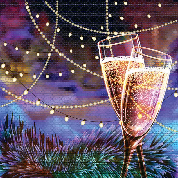 Vector illustration of Happy New Year Card with glasses of champagne.