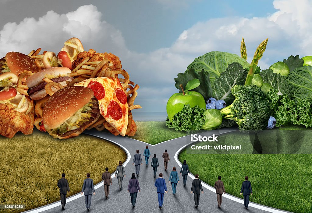 Society Food Diet Choice Society food diet choice and healthy lifestyle dilemma as a group of people deciding and choosing to eat healthy or unhealthy as a public fitness concept with 3D illustration elements. Choice Stock Photo