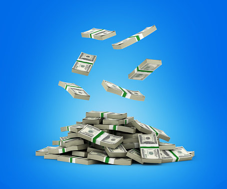 Stack Of Money American Dollar Bills Falling Into A Pile Stock Photo ...