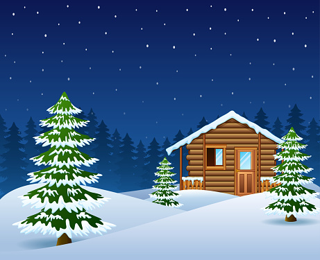 Illustration of Christmas wooden house with fir trees